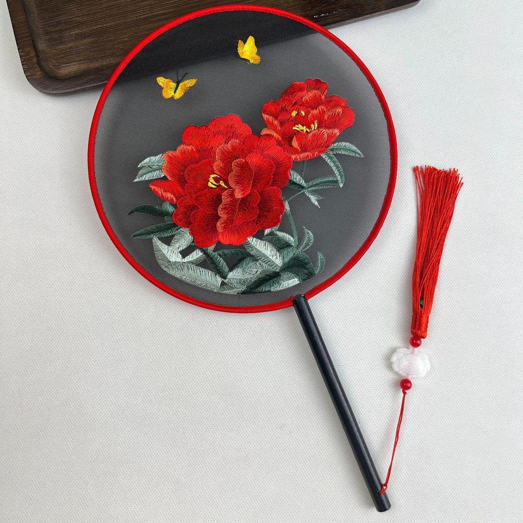 Ancient Chinese Round Hand Fan: Suzhou Double-Sided Embroidery with Peony Design for Hanfu Dance