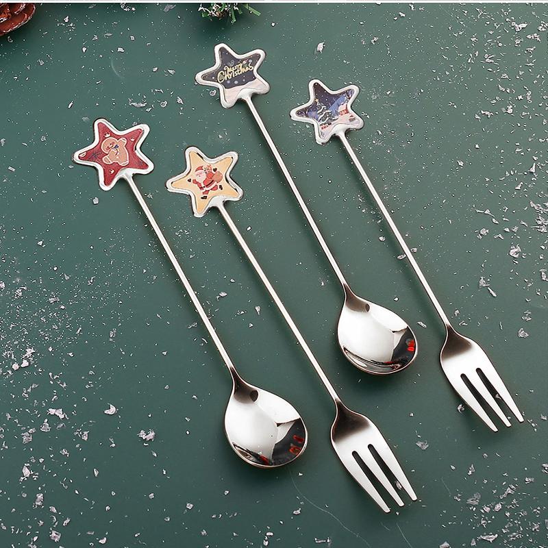 2/6Pcs Christmas Stir Spoon And Golden Dessert Fork Set With Five Star Tree Design For Christmas Eve Party Gift Tableware