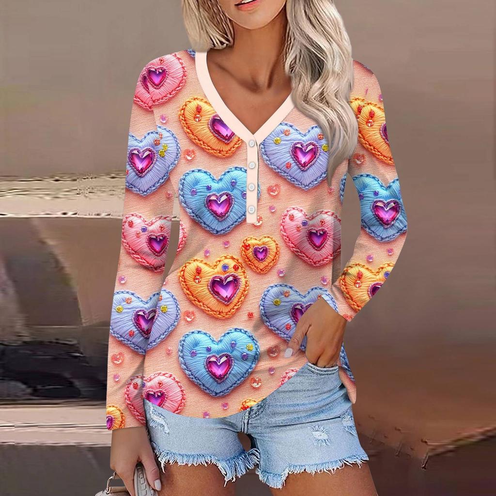Damen Valentinstag Liebesherz Print Mode Lässig Langarm V-Ausschnitt Knopfhals Oberteil