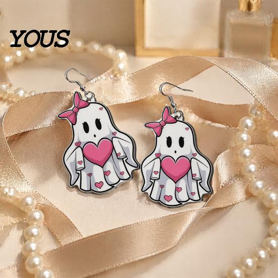 Pink Heart Ghost Earrings Earrings, Cute with Bow Drop Comfortable Ear Hooks Lightweight Acrylic Halloween for Girls Women