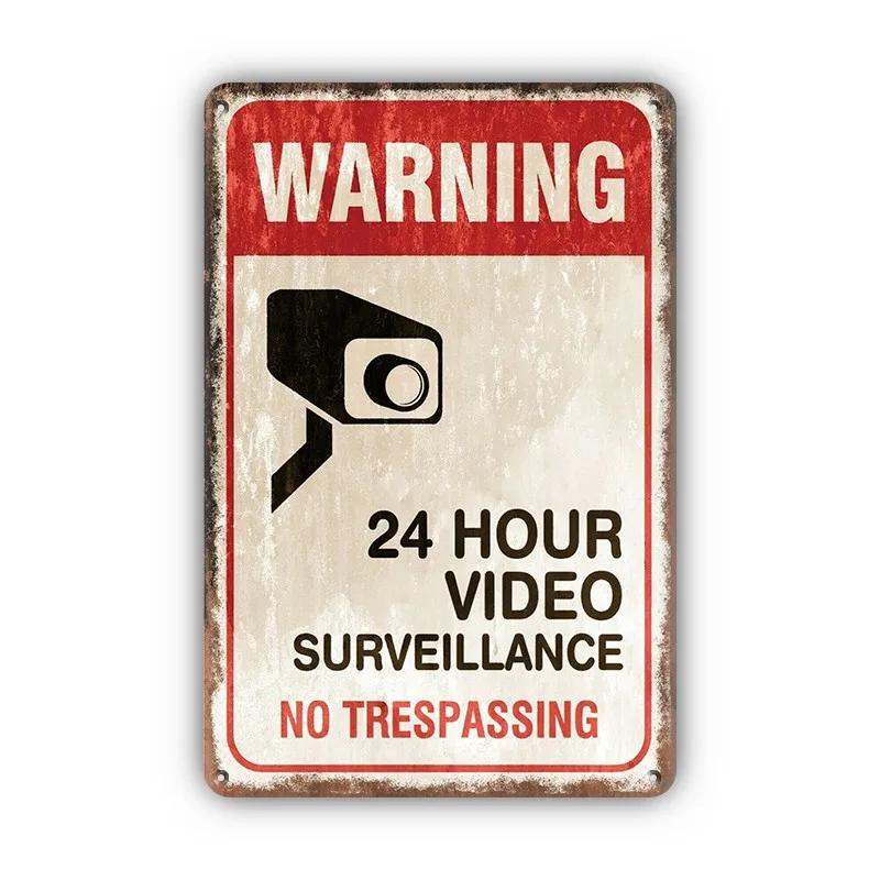 Vintage Tin Sign Retro Warning Metal Sign Video Surveillance Signs No Trespassing Sign Poster For Garage Home Man Cave Wall Deco