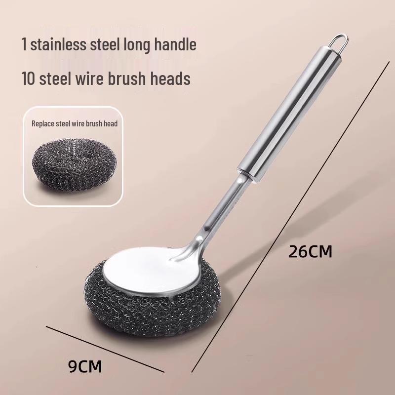 Stainless Steel Long Handle Pot & Bowl Brush with Non-Shedding Wire for Safe Dishwashing