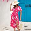 Women Summer High Waist A Line Dress Ethnic Printed Short Sleeve Lace Up