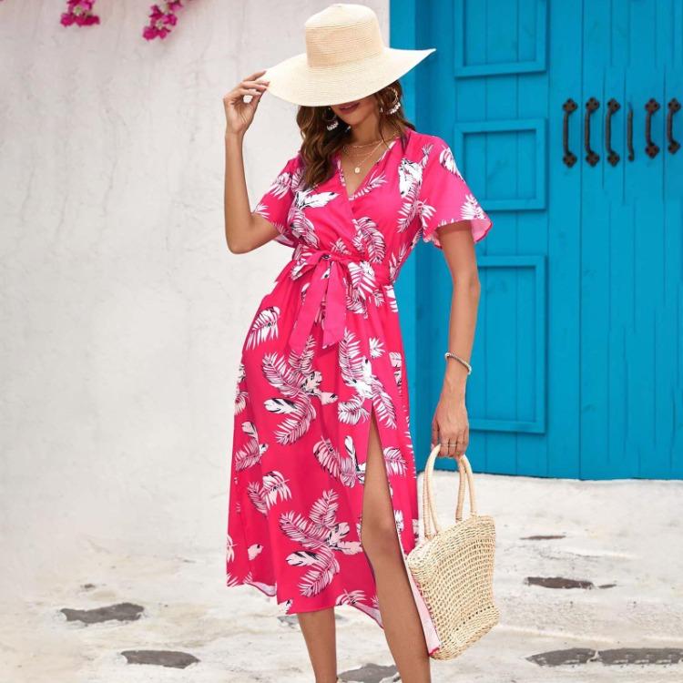 Women Summer High Waist A Line Dress Ethnic Printed Short Sleeve Lace Up
