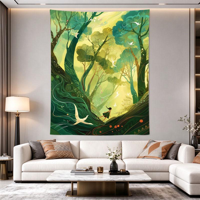 Girl Running Enchanted Forest Birds Green Fairytale Illustration Art