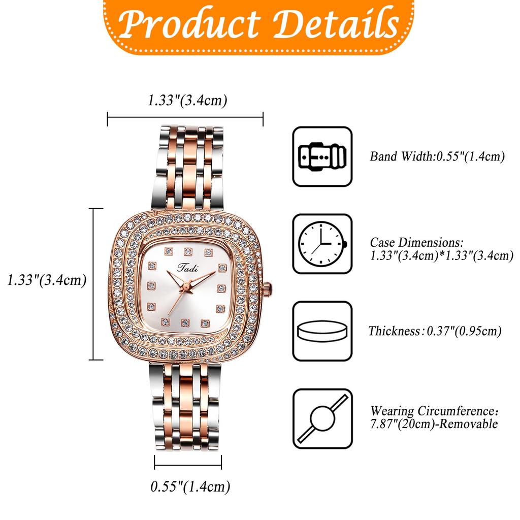 Square Watch for Women with Sparkling Analog Stainless Quartz Fashion Accessories Present Diamonds Display, Waterproof, Cute, Stylish, Steel, Watch,