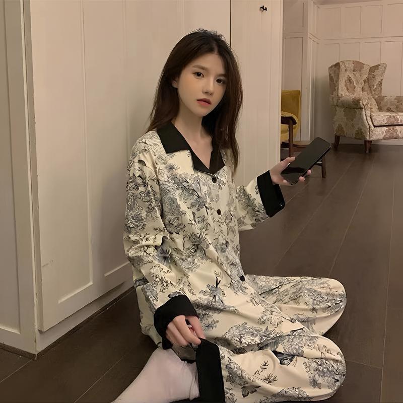 

Pajamas women s spring new cardigan lapel color matching long-sleeved trousers national style ink imitation pure cotton loungewear two-piece set M