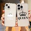 For iPhone 15 14 13 12 Mini 11 Pro Max XS X XR SE 7 8 Plus Silicone Clear Cover Couple Style Cartoon Crown King Queen Phone Case