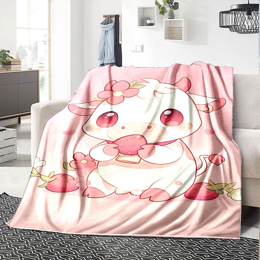 1pc Cow Strawberry blanket Lightweight Flannel Throw for Sofa Bed Travel Camping Livingroom Office Couch Chair