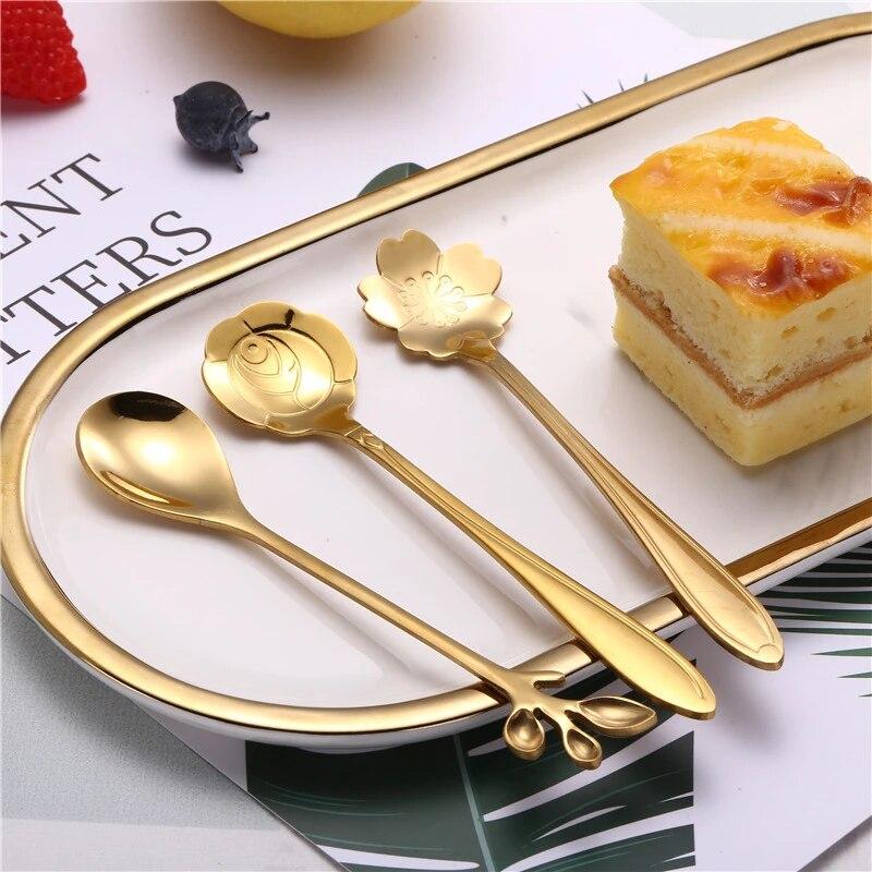 8/12 Stück Edelstahl Kirsch-Rosenblume Gold Schaufel Kaffeelöffel Geschenke Küche Dessert Tee Zubehör Geschirr Dekoration