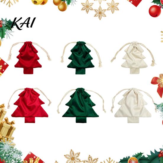 Reusable Fabric Gift Wraps Christmas Tree Shaped Bag, Drawstring Treat Goody Bags with Pompoms Durable Polyester Sacks Bells, Winter Present Wrapping