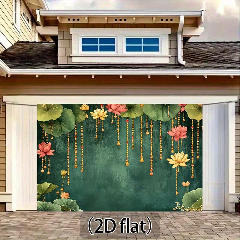 2D Deep Green Lotus Garland Backdrop, Indian Traditional Pooja Photo Background