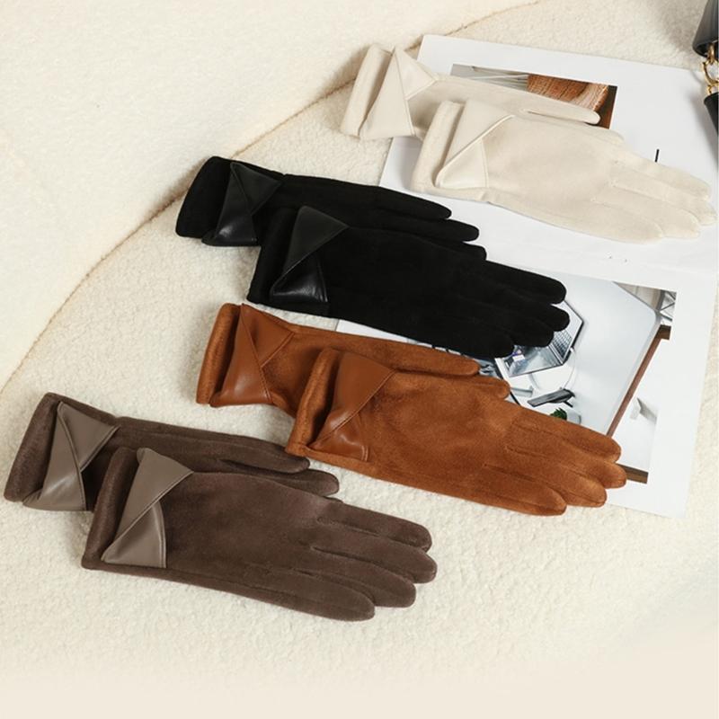 Women's Sueded Gloves with Fleece Lining for Warmth and Stylish Fashionable Bowknot Cuffs Hand Gloves for Daily Use