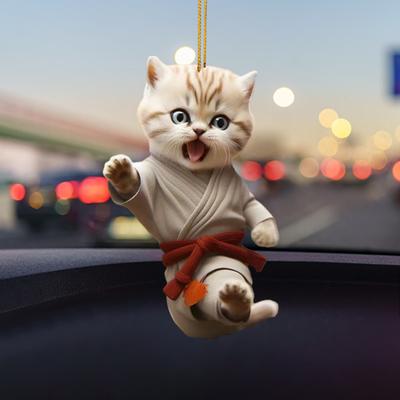 Car Pendant with Lanyard Easy To Hang Kung Fu Cat Design Auto Rearview Mirror Ornament Animal Pendant Car Interior Accessories