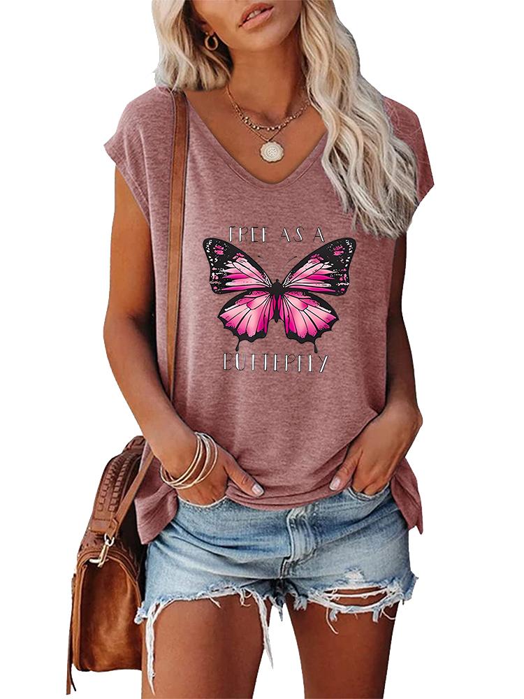 

Women Fashion V Collar Short Sleeve Top Summer Casual Print T-shirt XXL розовый