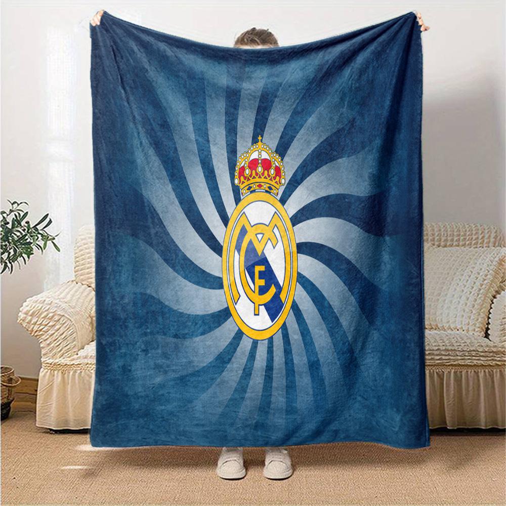 FC Madrid Emblem Flanelldecke, Weiches Polyester, Modernes Design, Ganzjahres für Camping, Reisen, Geschenke für Feiertage oder Geburtstage