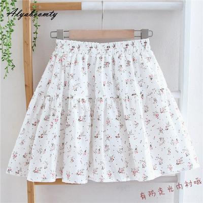 Japanese Mori Girl Summer Women Mini Skirt Elastic Waist Floral Print Jacquard Cotton Sweet Short Skirt