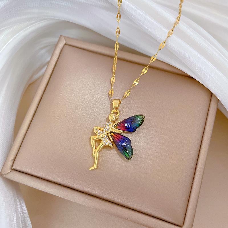 Flower Elf Wings Light Luxury Temperament Gorgeous Full Diamond Necklace Female Versatile Collarbone Chain Titanium Steel Chain