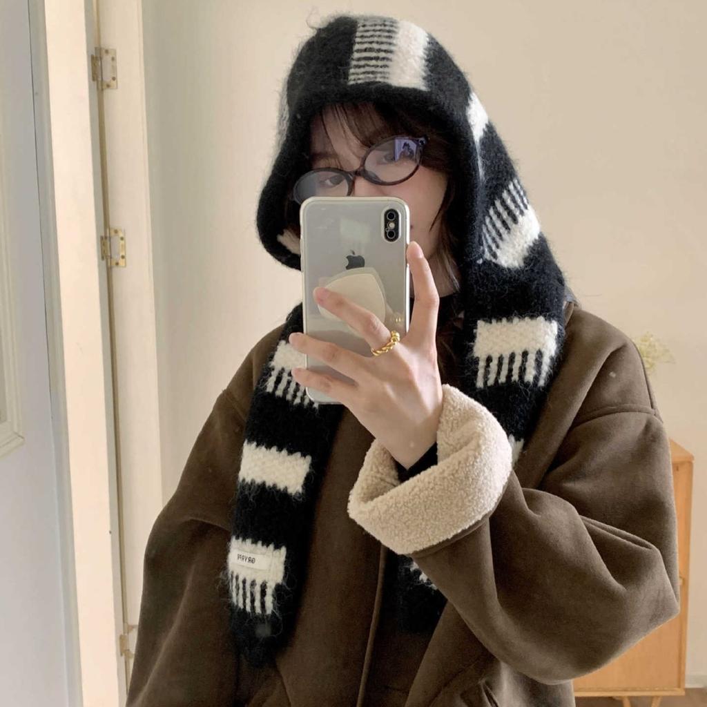 Autumn and winter color matching knitted ear protection neck hooded scarf Ruth versatile thickened striped wool hat atmosphere