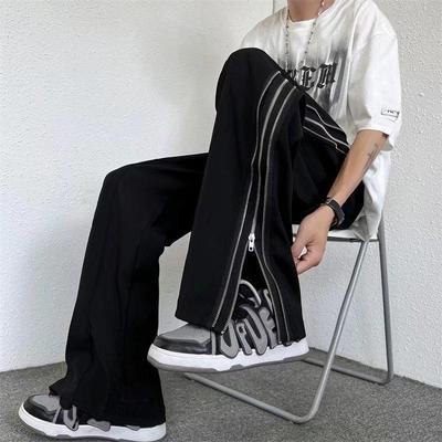 Men's Hong Kong Style Metal Zipper Straight Wide-Leg Casual Pants