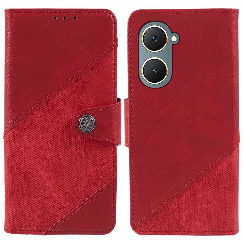 

For vivo Y03 Case PU Leather Phone Cover Folio Wallet Crazy Texture Splicing Red