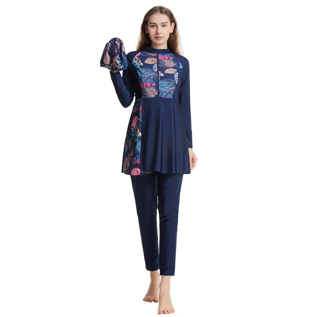 Women Printing Swimwear Muslim Bathing Suit with Cap Long Sleeve Swimsuit Full Coverage Swimming Suit 3 Pieces Sun Protection