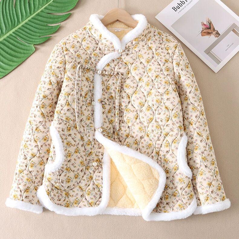 Women's Stand Collar Floral Padded Jacket - Chinese Style Winter Coat with Retro Frog Buttons and Ethnic Design, Plus Velvet for Warmth.