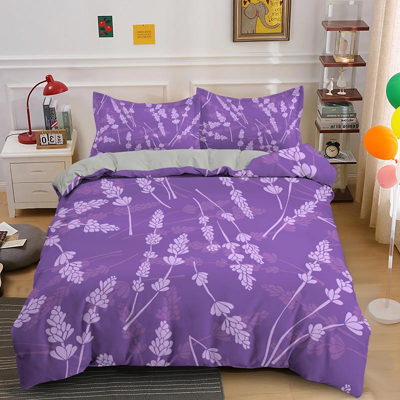 Lavender Duvet Cover Set Purple Romantic Theme Beautiful Flowers Polyester Comforter Cover King Queen Size for Girls Women Kids