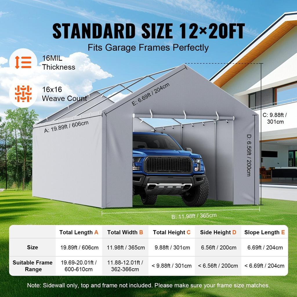 Carport Replacement Canopy Cover Side Wall 12 x 20 ft, Garage Tent Shelter Tarp Heavy-Duty Waterproof & UV Protected, Easy Installation with Ball