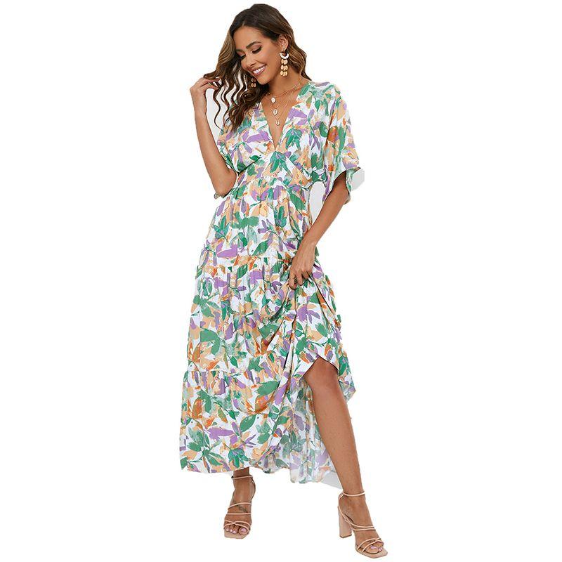 Seaside Style Summer New Bohemian Deep V-neck Rayon Printing Batwing Sleeve Waist Hugging Dress Vacation Skirt