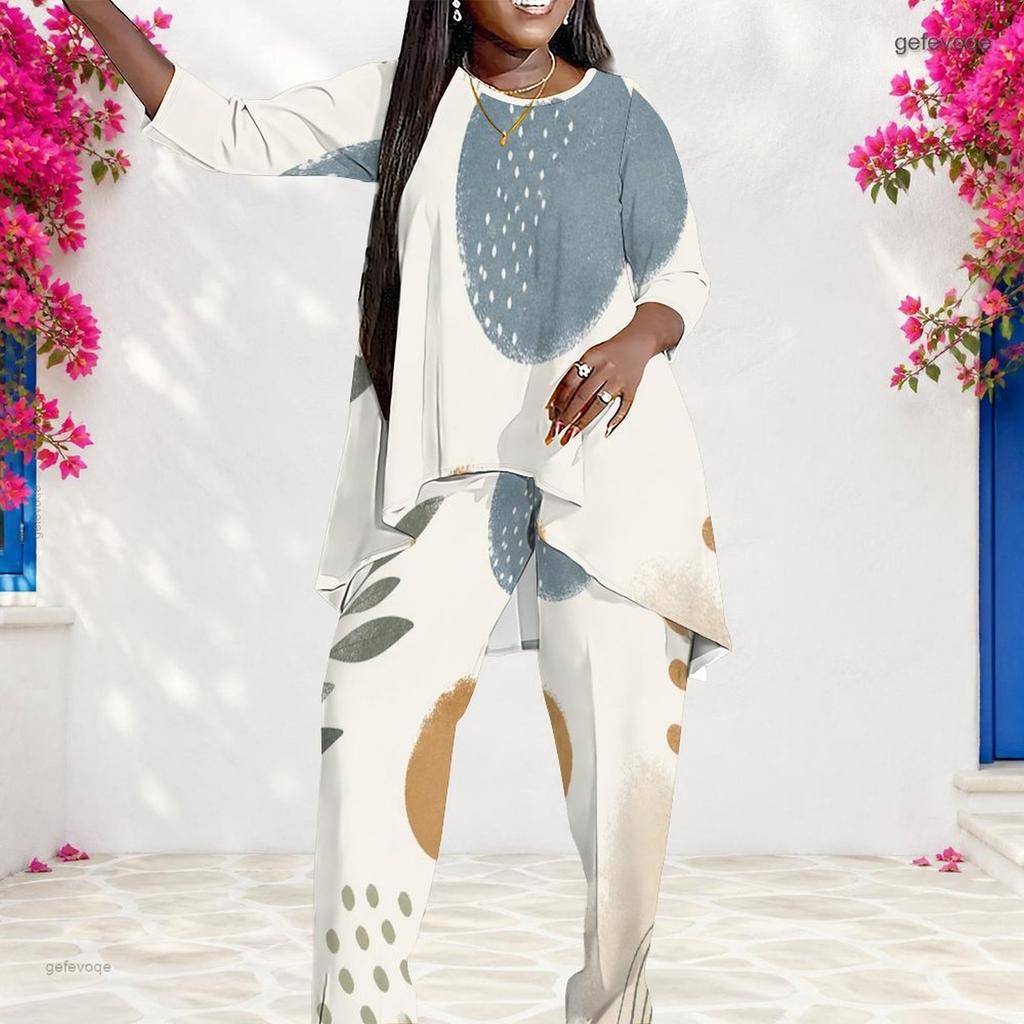 Women Plus Size Beige Green Printed Round Neck Long Sleeve Asymmetrical Top Wide Leg Pants Two Piece Set