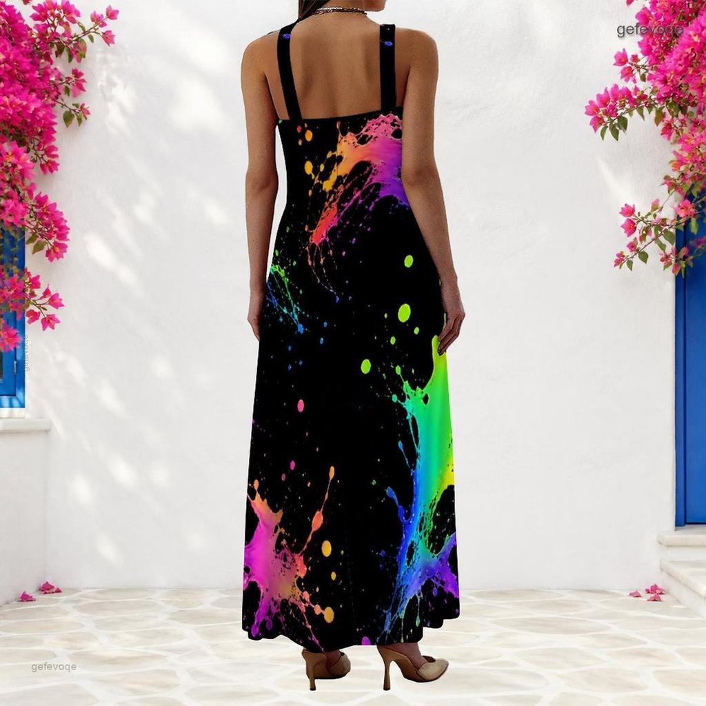 Women Plus Size Scoop Neck Strappy Sleeveless Galaxy Printed A Line Maxi Dress