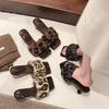 French Medium High Heel Leopard Print One-word Slippers Women's Shoes Wear 2025 New Autumn Retro Fluffy Sandals