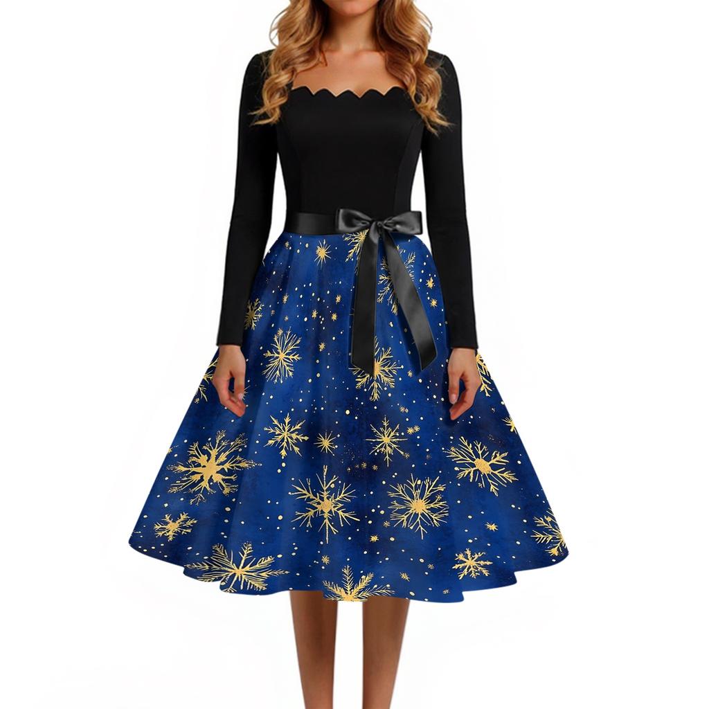Women's Casual Christmas Print Square Neck Vintage Dress for Holiday Party and Everyday Wear