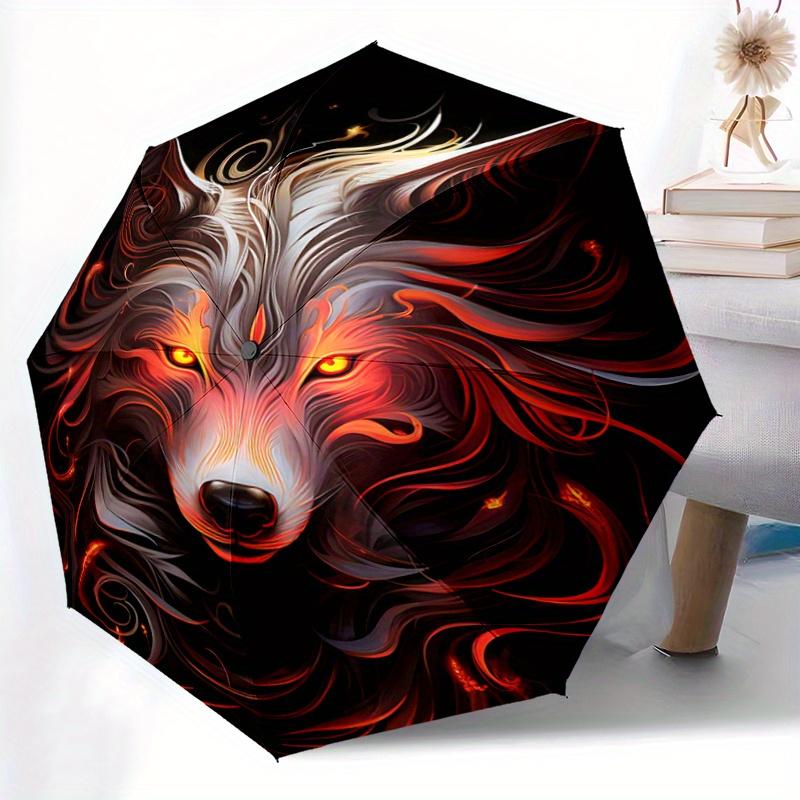 1 Stück Flammender Wolf Automatisches Öffnen und Schließen Faltbar - Eine Gute Wahl für Geschenke, Modischer und Praktischer Regenschirm Mit Niedlichem Cartoon-Charakter