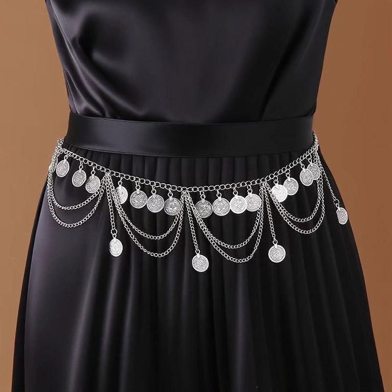 Ethnic Style Metal Retro Coin Waist Chain Women'S Adjustable Dress Waist Seal Love Butterfly Flower Fringed Belt