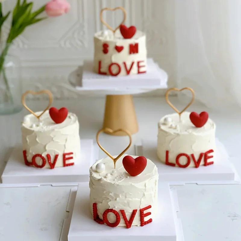 5pcs Birthday 3D Red Heart Cake Toppers Pink Heart Love Cake Decor Happy Birthday Anniversary Wedding Cupcake DIY Decoration
