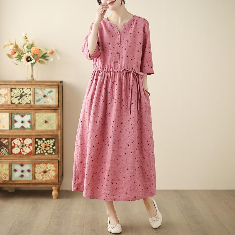 Summer New Cotton and Linen Printing Literary and Fresh Waist and Thin Dress Women's Clothing