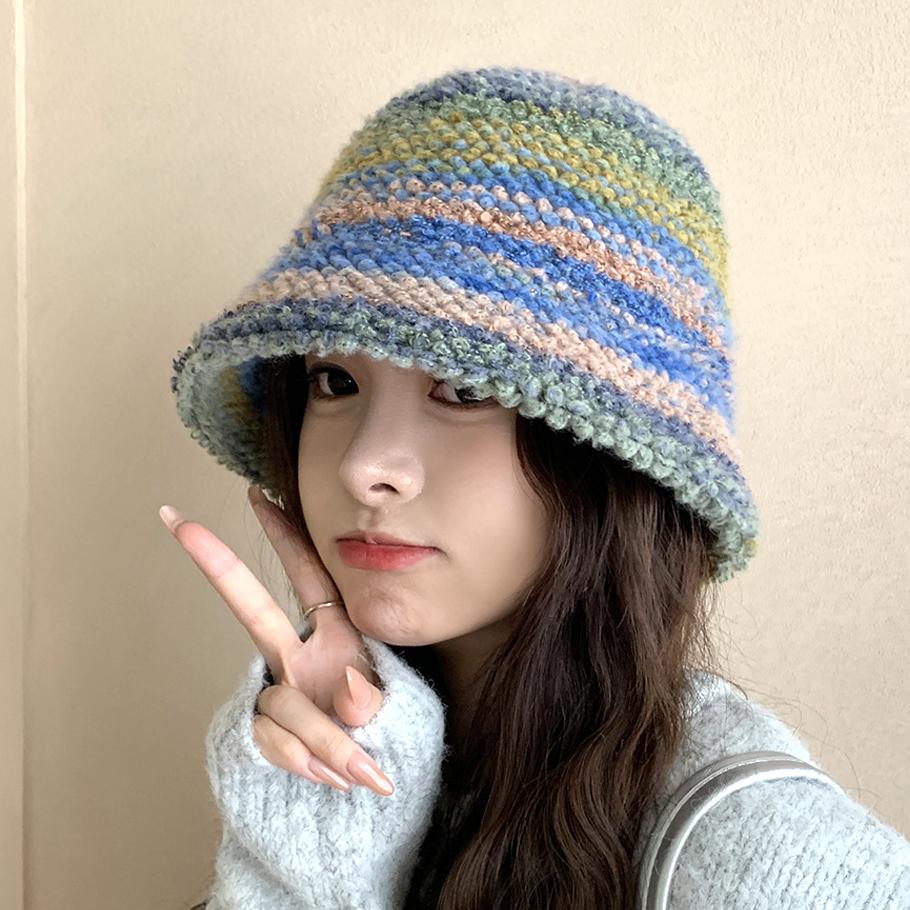 Colourful Knitted Bucket Hat Women Korea Autumn Winter Warm Dopamine Warm Fisherman's Hat Star Model Thickened