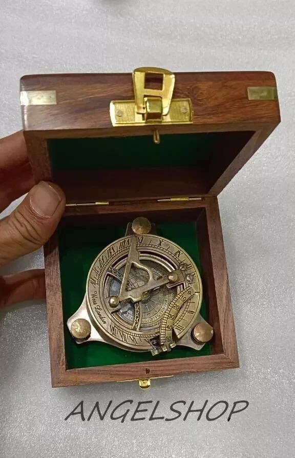 Nautical Brass Sundial Pocket Compass with Wooden Box Vintage