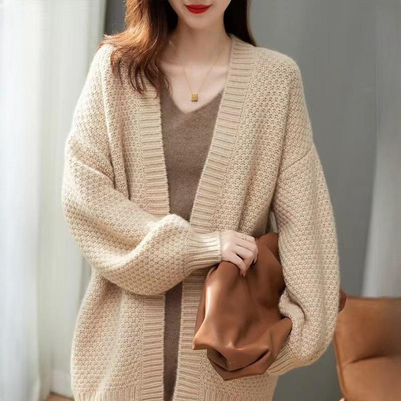 Autumn Winter Women's French Retro Style Thick Thread Knit Sweater Cardigan Loose Mid Length Coat Casual Versatile