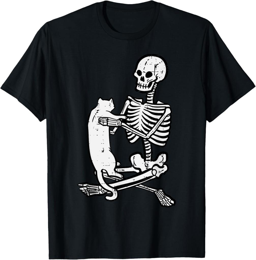 Skeleton Holding Cat Vintage Goth Halloween Men Women Kids T-Shirt