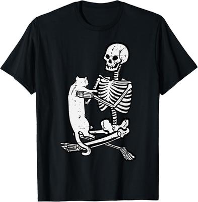 Skeleton Holding Cat Vintage Goth Halloween Men Women Kids T-Shirt