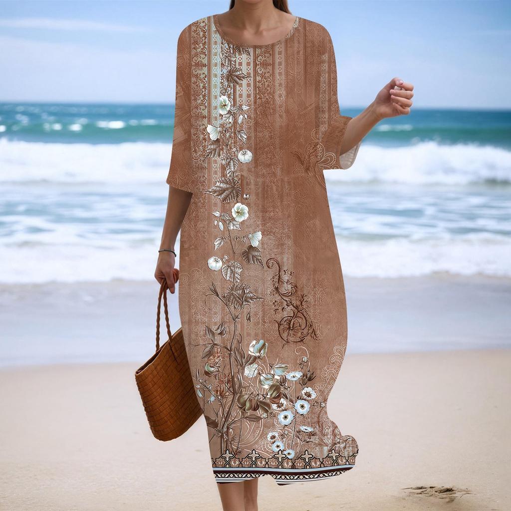 Women's Fashionable Printed Round Neck Seven Quarter Sleeve Loose Dress