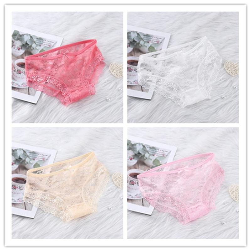 Girls' Sexy Lace Briefs Breathable Underwear with Butterfly Knot Carved Mid Air Waist Knickers Solid Color Women's Triangle Panties