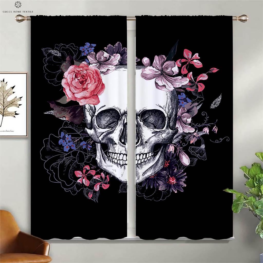 Skull Stealing Floral Creative Print Curtains, Suitable for Living Room, Dining Room, Study Room, Halloween Decoration