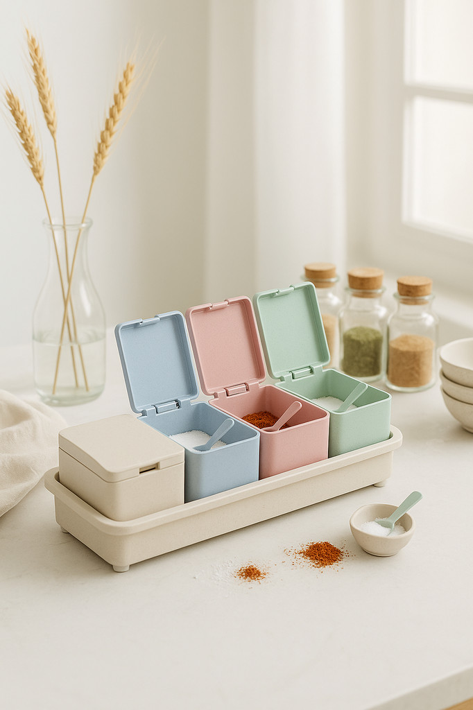 Nová kreativní krabička na koření z pšeničné slámy Čtyři mřížky se lžičkou Nádoba na koření Nádoba na koření Home Kitchen Gadge