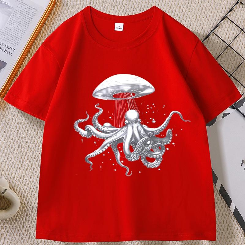 Vintage Octopus Ufo T-Shirt Cool Alien Octopus TShirt Unisex WOMEN Fashion Adult Baggy Tee Casual Breathable Loose Round Neck Tee