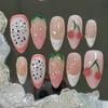 24PCS Cartoon Apple Almond False Nails Fresh Green Fruit French French Sweet Star Plaid Patterns Press on Nails Wearable Ins Tip