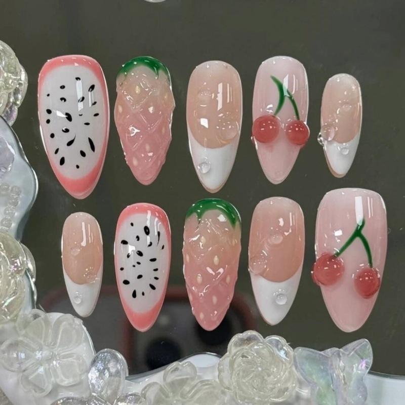 24PCS Cartoon Apple Almond False Nails Fresh Green Fruit French French Sweet Star Plaid Patterns Press on Nails Wearable Ins Tip